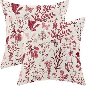 🌸 Floral Print Throw Pillow Covers 24x24 Set of 2 Burgundy Wild Flower Linen